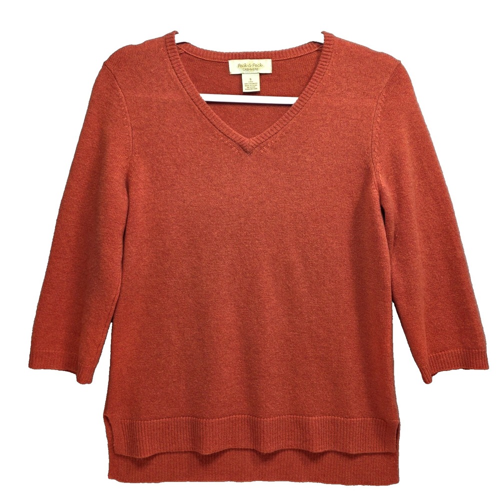 Cashmere Sweater Womens S Soft Solid Natural Bright Vneck Orange Preppy Artsy